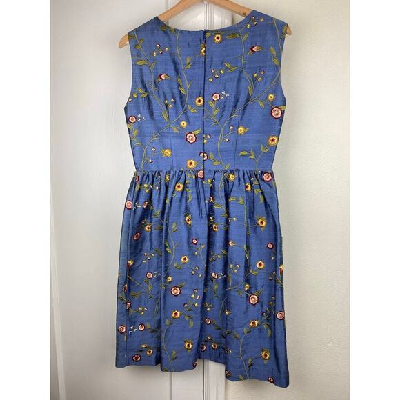 Lena Medoyeff Women's M Blue Embroidered Floral Sleeveless Silk Midi Dress - Picture 5 of 7